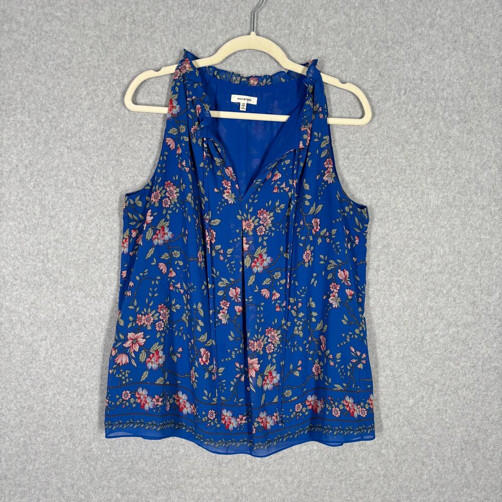 Max Studio Floral Tank Top Medium Blue Ruffles Flowy Cottage Feminine Coquette